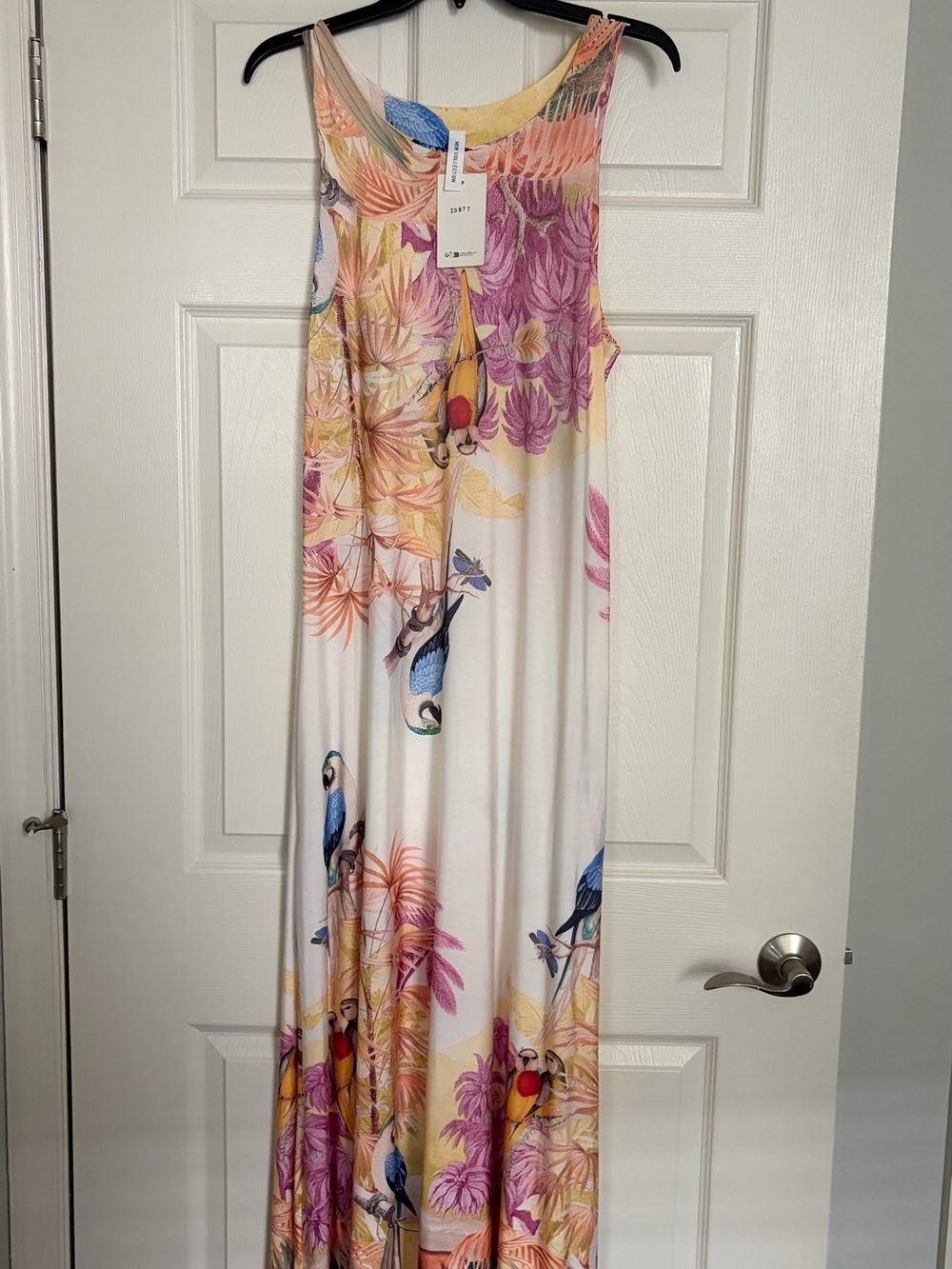 Sleeveless Tropical Parrot Maxi Dress - White with Pink & Yellow